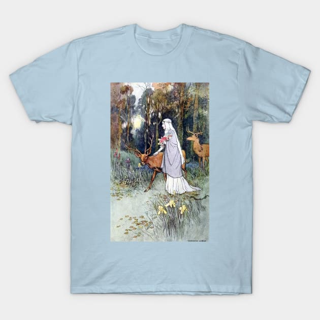 Woman Walking Through the Woods with a Timid Dun Deer - Warwick Goble T-Shirt by forgottenbeauty